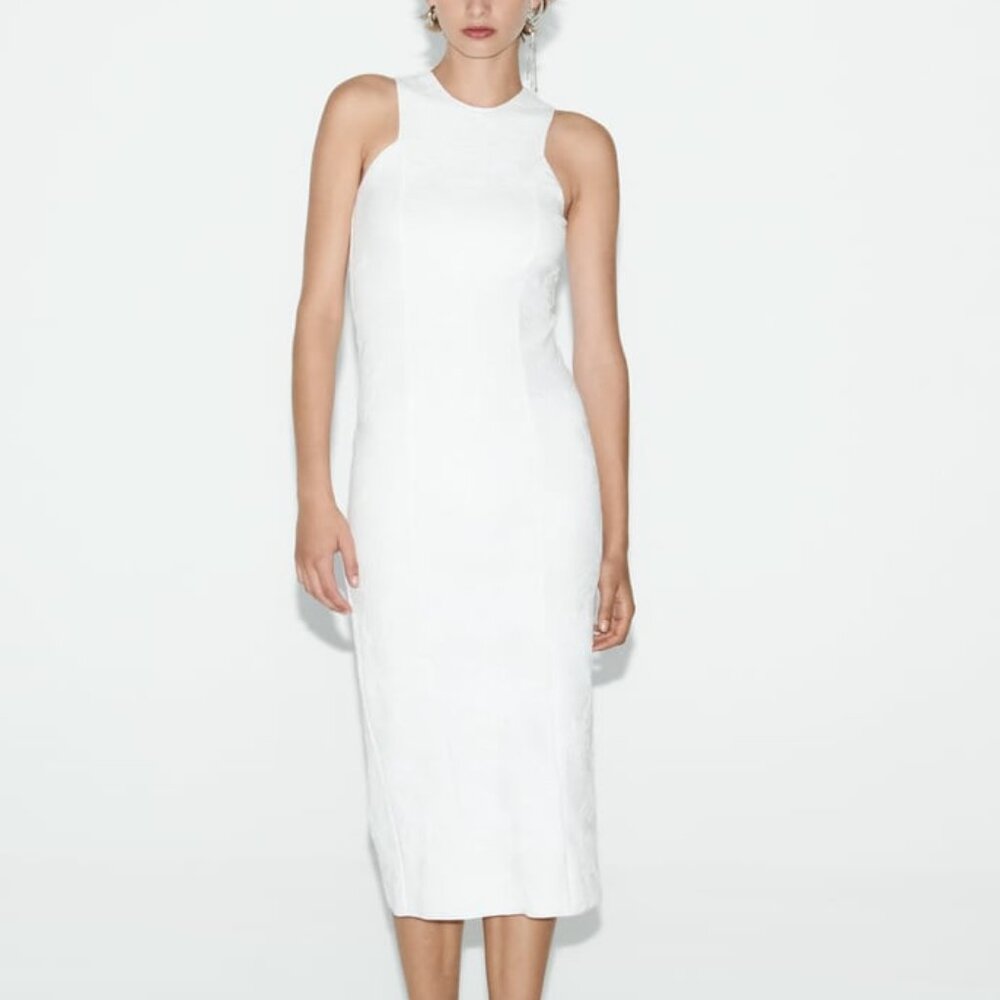 ZARA FITTED WHITE JACQUARD DRESS